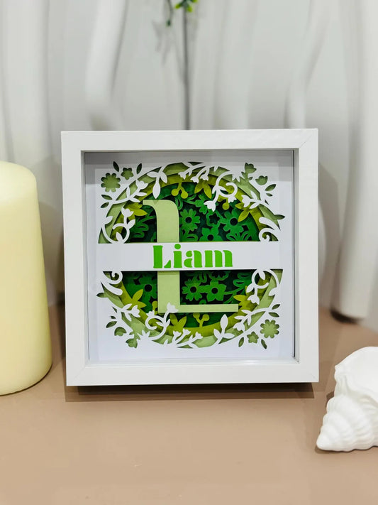 Personalised Green Floral Shadowbox Frame – Custom Name & Initials