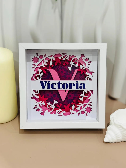 Personalised Pink & Purple Floral Shadowbox Frame – Custom Name & Initials